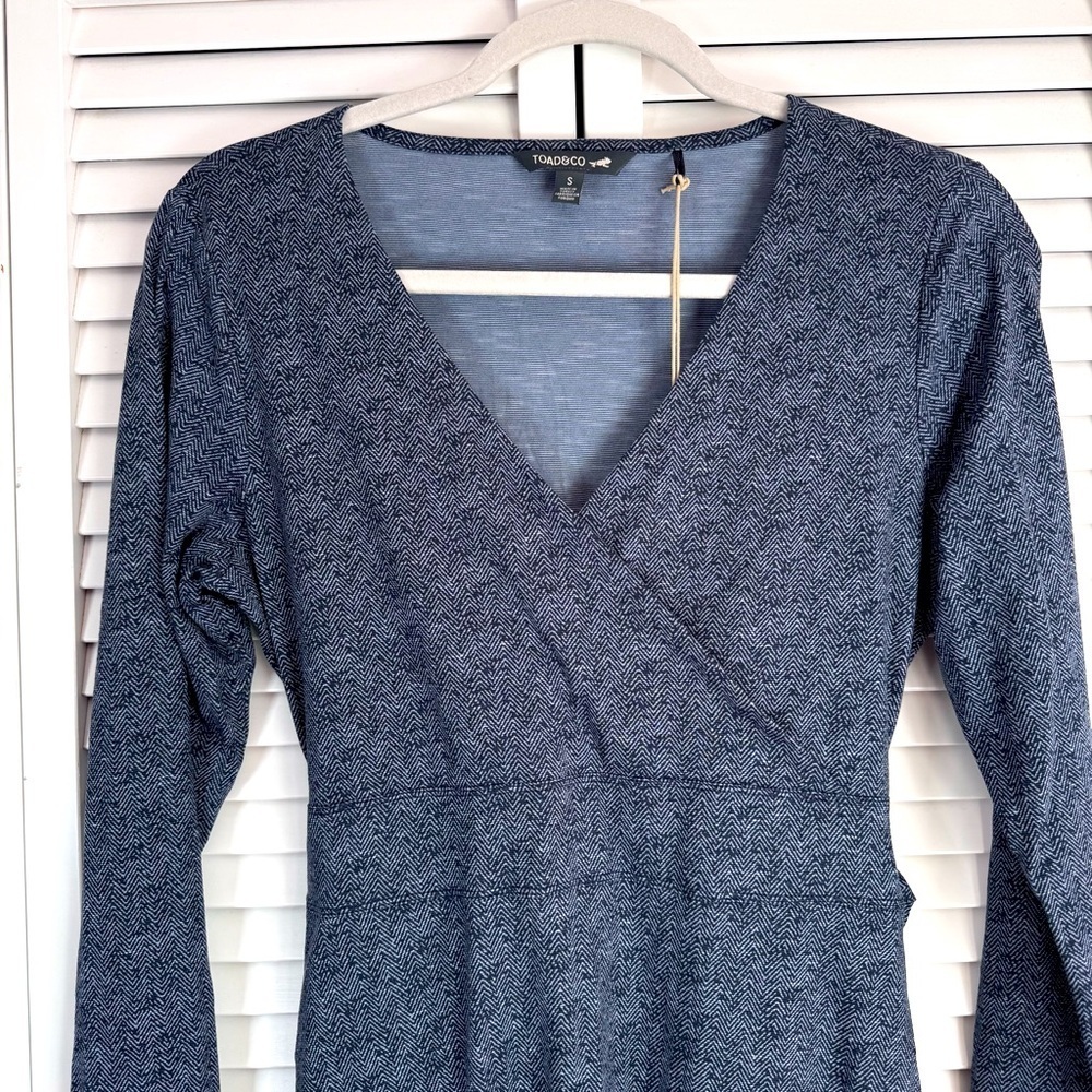 Toad & Co Cue Wrap Herringbone Print Long Sleeve Dress True Navy Size Small NEW - Picture 4 of 12